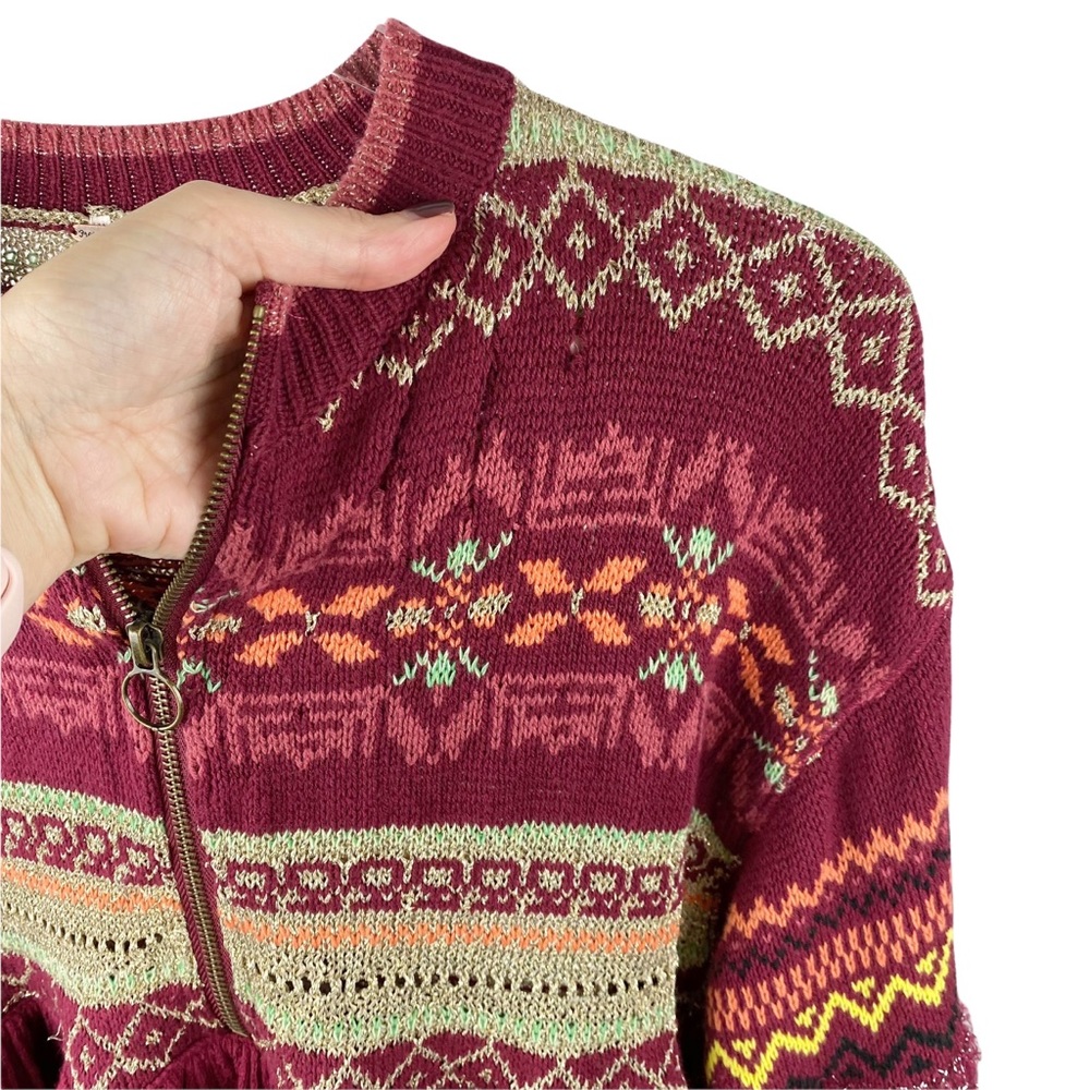 Free People Cozy Cabin Winter Fair Isle Peplum Sweater in Pomegranate Wine XS - Picture 5 of 11